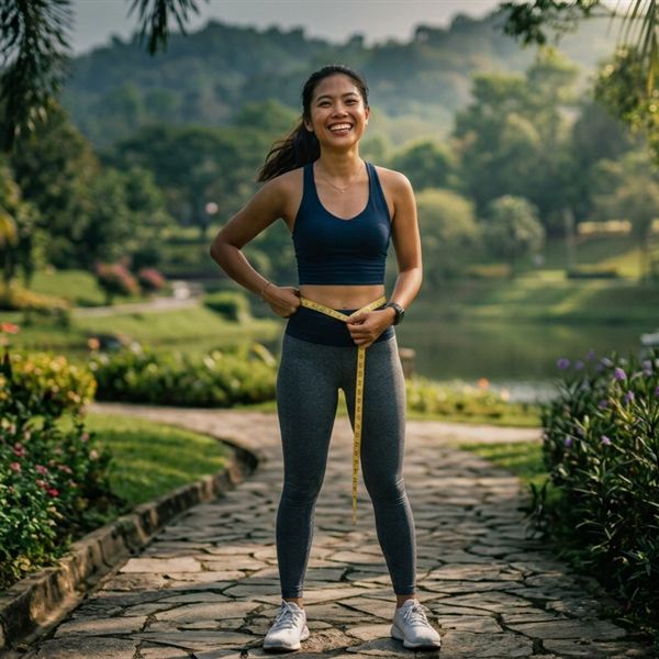 Perempuan langsing tersenyum mengukur pinggang di taman hijau